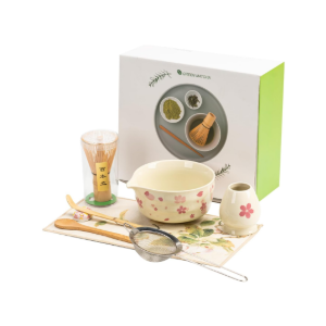 Matcha Set 8-Piece Japanese Tea Ceremony Kit with Ceramic Bowl, Bamboo Whisk & Holder, 2 Scoops, Strainer, Tea Cloth - Complete Gift Set for Traditional Brewing(Gradient flower)