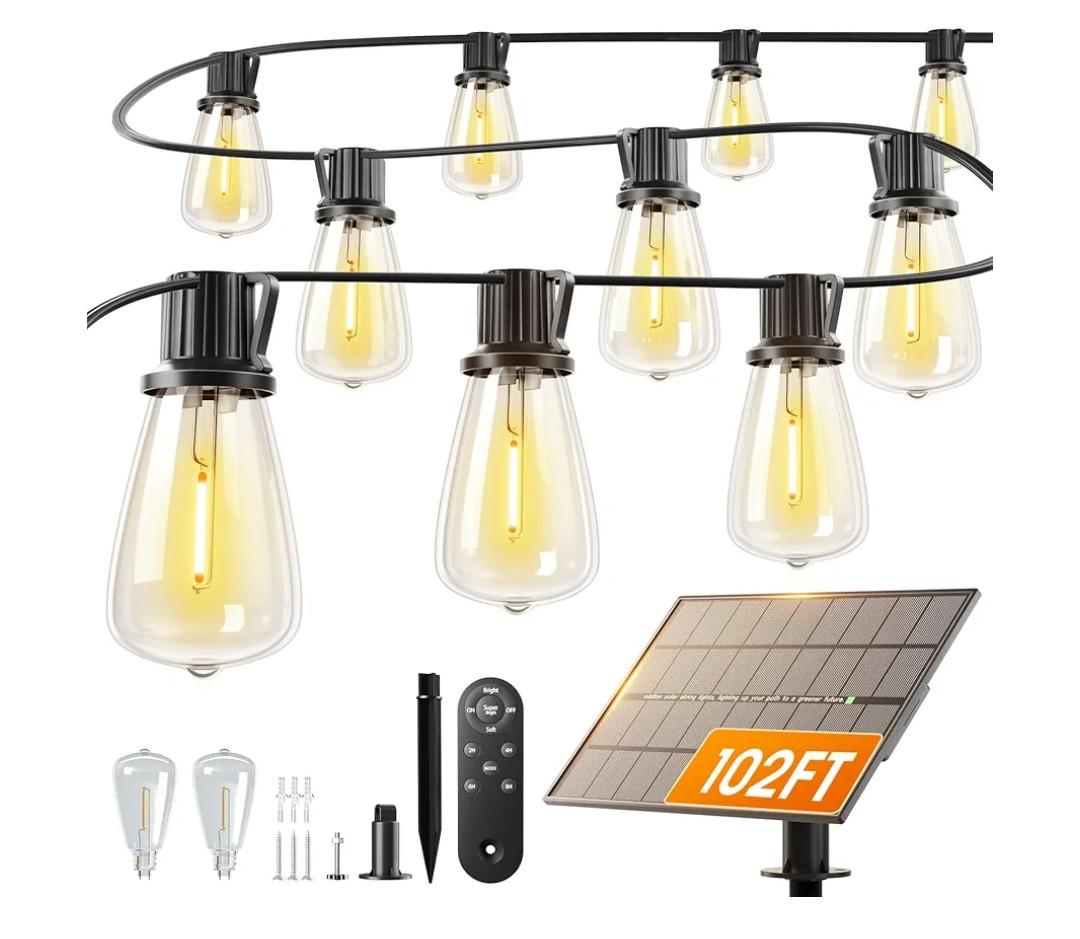 addlon 102FT(96+6) Solar String Lights Outdoor Waterproof with Remote, 30+2 LED Shatterproof Bulbs, 3 Modes, 8H Timeable & Dimmable, Solar Powered Hanging Patio Lights for Garden Backyard Porch Decor