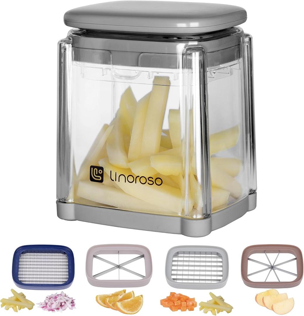 linoroso French Fry Cutter, 4-in-1 Multi-functional Onion/Vegetable Chopper with Container, Pro Food Chopper, Veggie Chopper, and Food Dicer