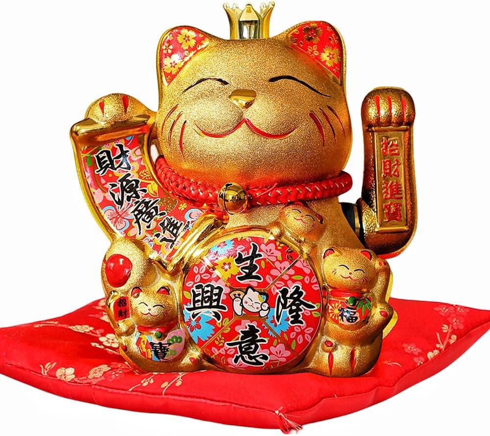 7.5Inch Golden Lucky Cat with Waving Gold Arm Operated Chinese Feng Shui Deoration Lucky Fortune Cat for Shops, Restaurants, Living Room Gift for Friends or Colleagues