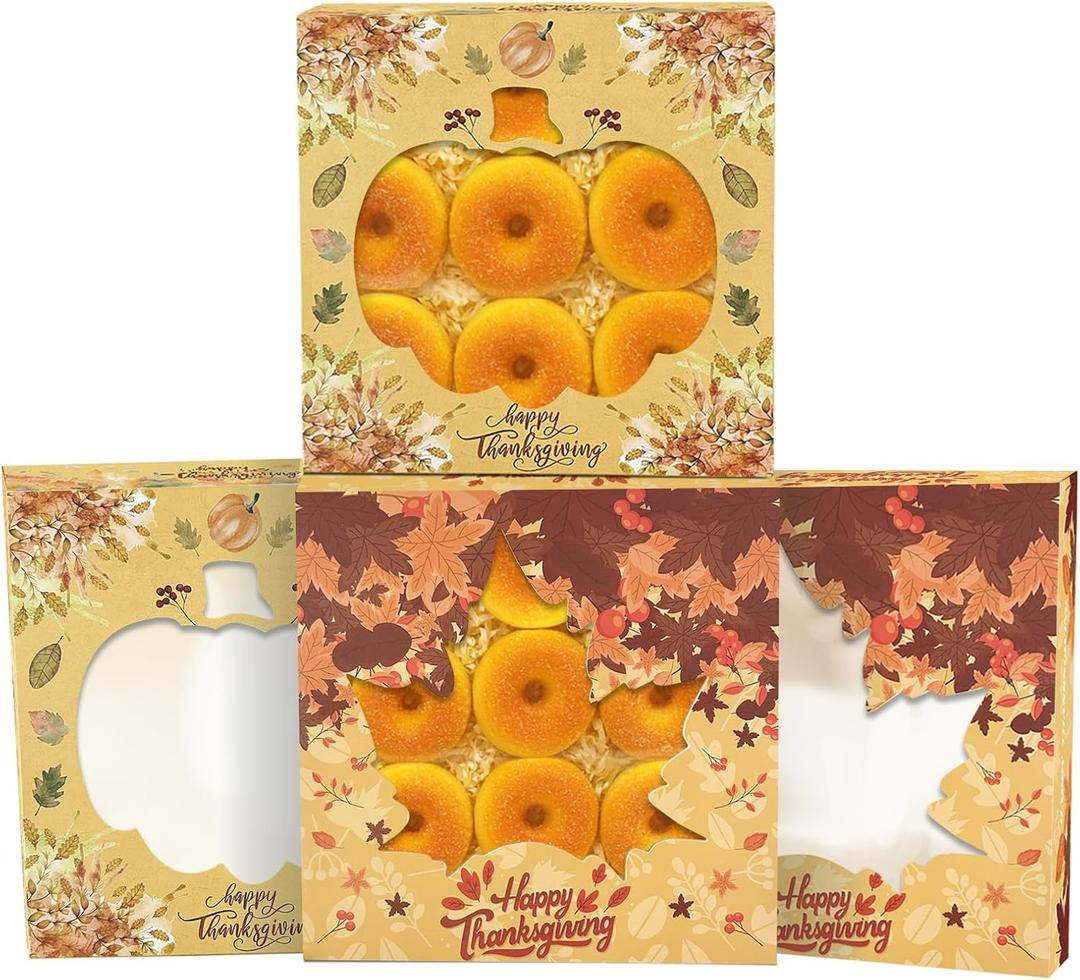 qiqee Thanksgiving Auto-pop Up 10x10x2.5 inch Pie Boxes with Window Pumkin Leaves 30Packs Cookie Donut Bakery Box