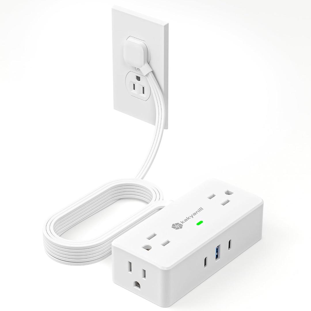 Kakyanill Surge Protector Power Strip, 10 ft Flat Extension Cord with 4 Outlets 3 USB Ports (2 USB C), Flat Plug Power Strip with 900 Joules Protection, Suitable for Home Office Dorm Room, White