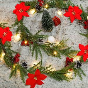 DR.DUDU 6 FT Pre-lit Artificial Christmas Garland with 20 LED Lights, Battery Powered with Pine Cones, Red Berries, Pine Needles, Lighted Christmas Wreath for Holiday Party, Xmas Tree Decorations