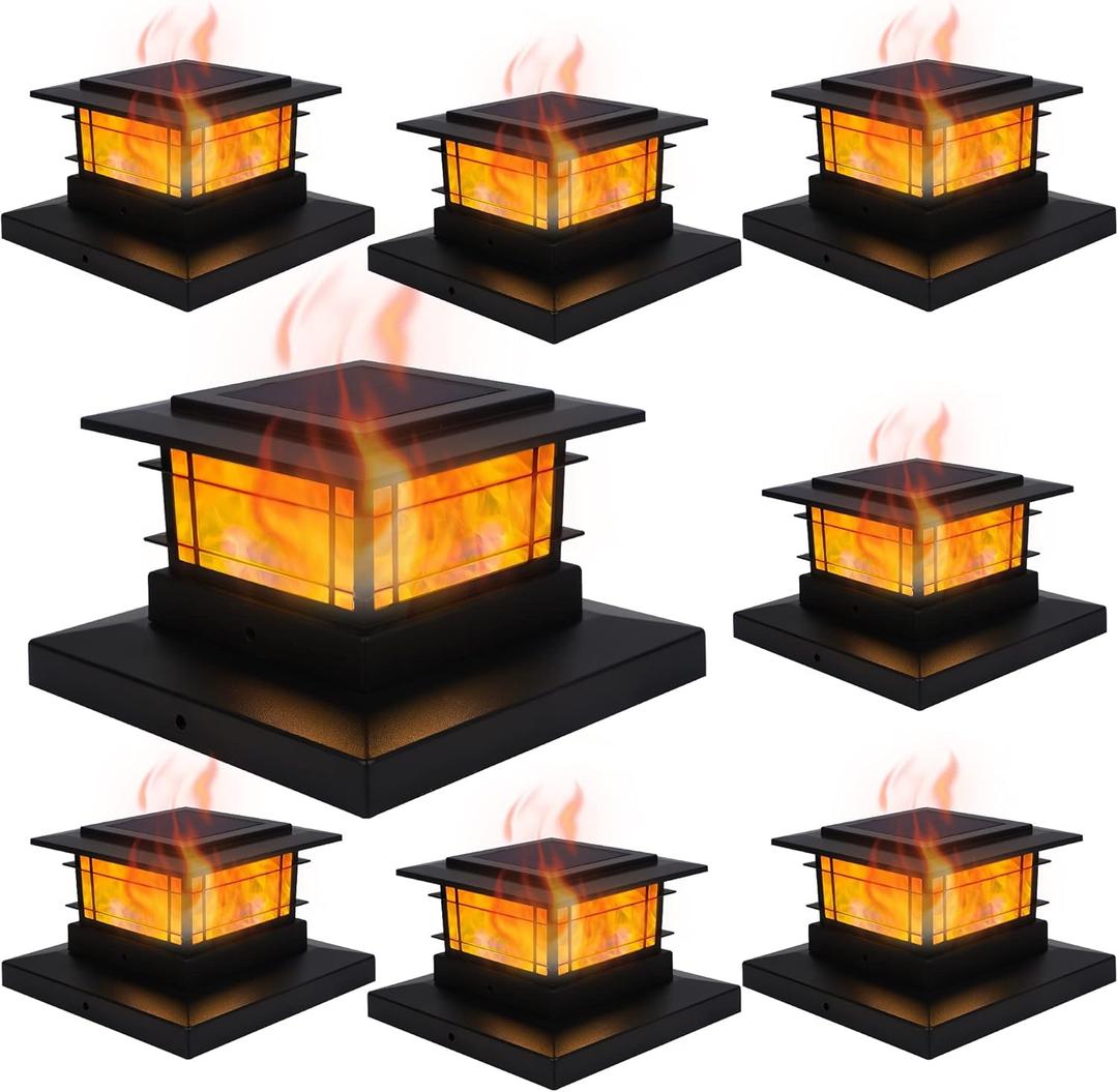 Dynaming 8 Pack Solar Post Cap Lights Outdoor with Flickering Flame Light, Fence Post Solar Lights Fit for 4x4 5x5 6x6 Vinyl/Wooden Posts, High Brightness SMD LED Lighting Decor for Garden Deck Patio (Black)