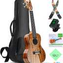 Hricane Professional Concert Ukulele 23 Inch for Adults, Koa Acacia Solid Wood Ukelele Beginners Kit Glossy Satin Finished Body with Gig Bag Tuner Strap Strings Set Pick (Koa Glossy)