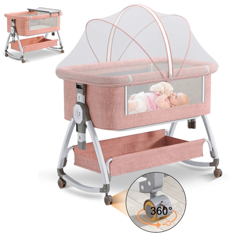 ANJORALA Baby Bassinet with Wheels, Portable Infant Bedside Crib Travel Bassinet, Pink