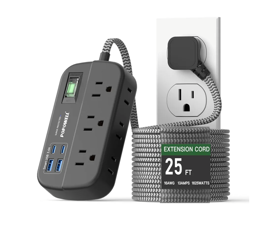 25 FT Flat Extension Cord, Power Strip with Surge Protection- 6 Widely Outlets 4 USB Ports, Flat Plug, Wall Mount Outlet Extender, 1080J Multiple Outlets for Indoor Home Office, Dorm Room Essentials