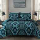 WONGS BEDDING 7 Piece King Comforter Set, Teal Texture Breathable Microfiber Comforter Bedding Set for All Season, Damask Bed in a Bag with Comforter, Flat Sheet, Fitted Sheet, Pillowcases & Shams