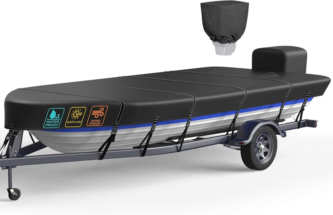 Heavy Duty 5 Layers 1200D Jon Boat Cover 14ft - 16ft with Motor Cover, 100% Waterproof Trailerable Jon Boat Covers 14-16 Foot with 9+4 Pcs Windproof Straps