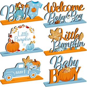 6 Pcs Thanksgiving Little Pumpkin Baby Shower Decorations Harvest Blue Pumpkin Wooden Centerpieces Baby Boy Maple Table Toppers First Birthday Table Centerpiece for Boys Gender Reveal Party