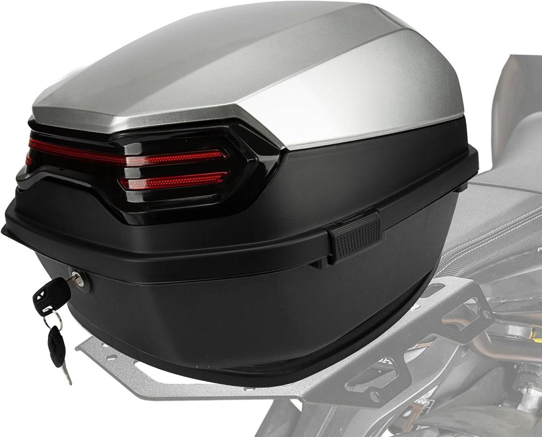 PSLER Universal Tail box with soft backrest - Motorcycle Scooter Daily Top Box Luggage trunk lockable storage rack Universal Waterproof Mount Helmet Luggage Box,Sliver, One Size