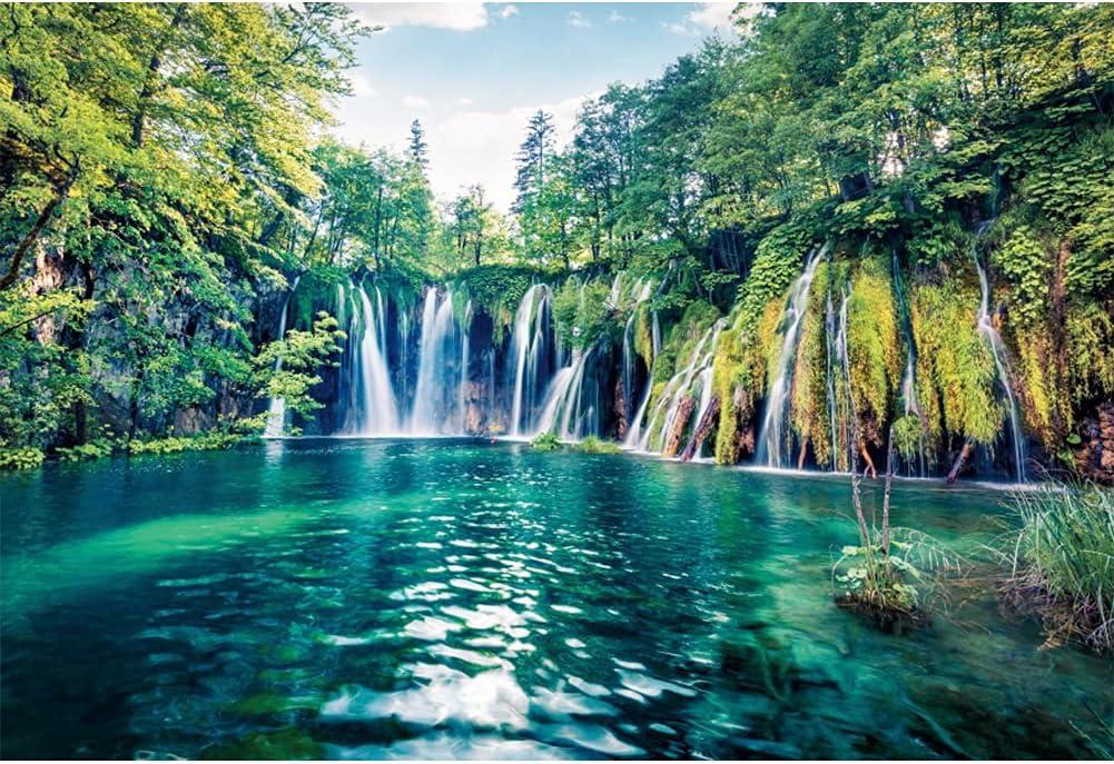 7x5ft Nature Green Jungle Waterfall Backdrop Woodland Spring Summer Forest Lake Mountain River Wedding Photography Background Rustic Natural Landscape Outdoor Video Shoot Vinyl Studio Props
