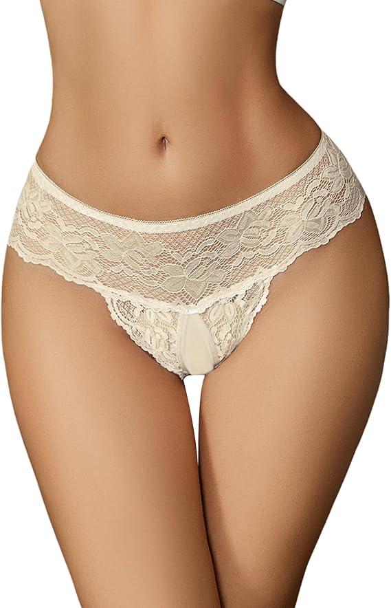Avidlove Sexy Underwear for Women Lace Panties Briefs Low Rise Thongs Stretch G-String Underpants Light Champagne, Small