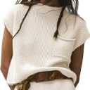 Fiona Jolin Women's Sleeveless Knit Sweater Vest Vintage Cap Sleeve Casual Mock Neck Tank Top with Front Pocket (White) S