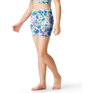 Girls 4'' High Waisted Biker Shorts, Stretchy Athletic Running Workout Shorts for Teen Kids (X-Large, Blue Floral)
