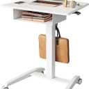 JOY Worker Mobile Standing Desk With Storage Drawer, Pneumatic Height Adjustable Laptop Workstation, White Rolling With Wheels for Home Office Classroom