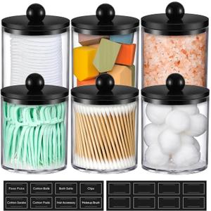 6 Pack Acrylic Qtip Holder Dispenser for Cotton Swabs, Balls, Pads, Floss - Plastic Canister Apothecary Jar Set, Bathroom Essentials Accessories Decor Vanity Makeup Storage Organizer - Clear & Black