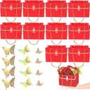 JHXTZ 10 Pack Flower Paper Gift Bags with 12pcs Gold Dazzle 3D Butterfly Decoration, Portable Floral Handbag Box with Metal Chain, Florist Carrier for Valentine's Day Birthday Gifts(Red)