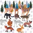 46 Pcs Christmas Woodland Animal Figurine Winter Forest Creature Figure Wild Animal Toys Mini Bottle Brush Tree Miniature Sisal Pine Tree Snowflakes for Crafts Cake Topper for Xmas Party Decor