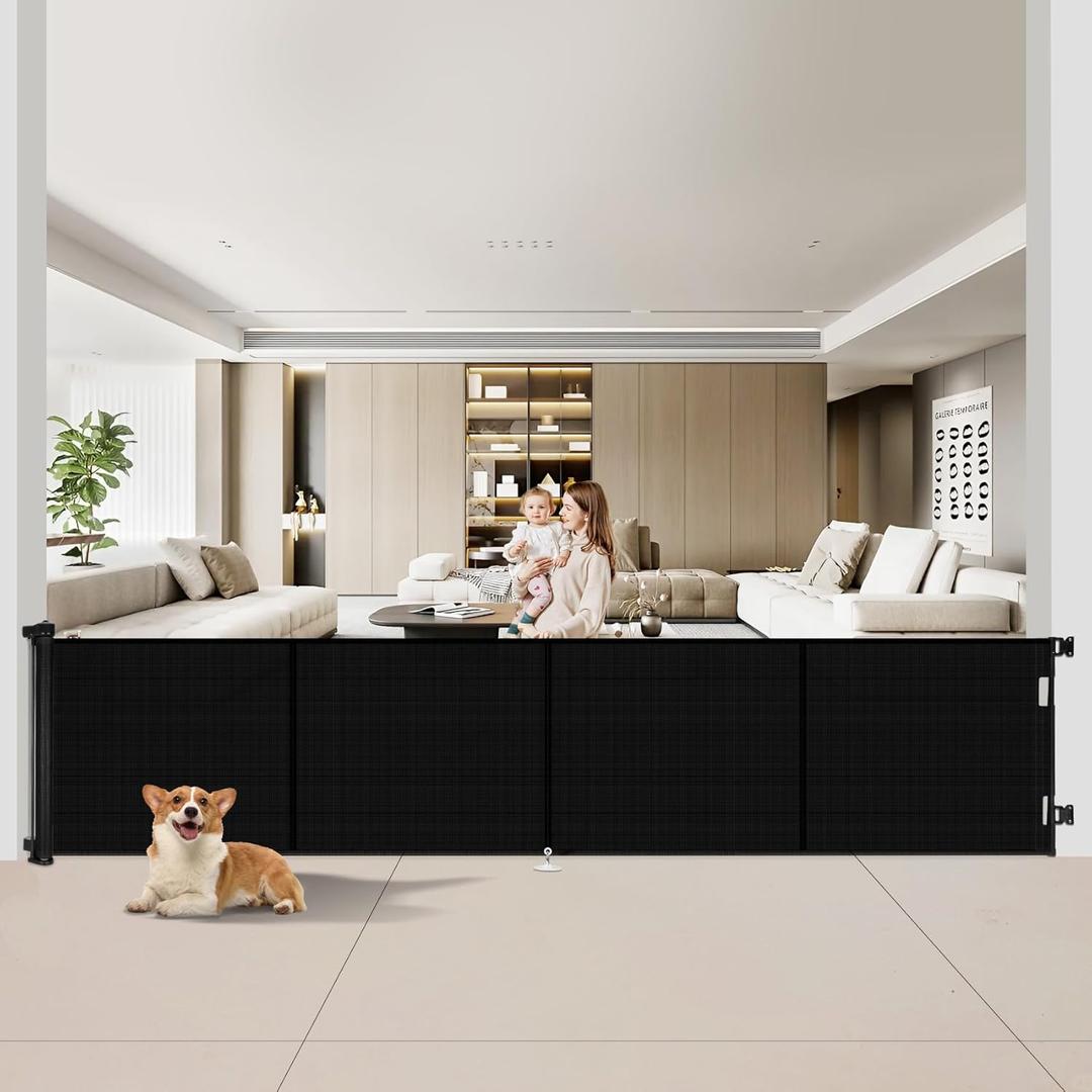 200 inch Retractable Baby Gates 42 inch Tall, Retractable Gate with Reinforced Strip Design to Prevent Crawling Through, 16 FT Outdoor Retractable Gates, Extra Wide Retractable Gate for Garage (Black)