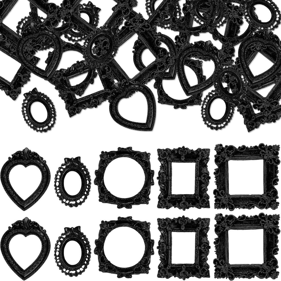 Vicenpal 40 Pcs Vintage Mini Picture Frames Baroque Antique Small Resin Jewelry Display Table Frame for Christmas DIY Photo Holiday Party Decoration (Black)