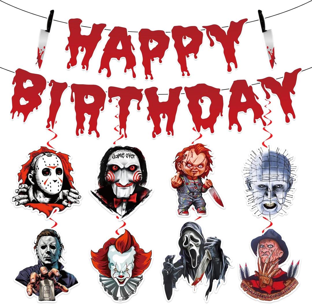 Horror Birthday Decorations, Horror Movie Halloween Decorations Includes 1Pc Happy Birthday Banner and 8Pcs Horro r Halloween Party Decorations Hanging Swirls, Horro r Movie Decor
