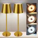 Gold Cordless Table Lamp Set of 2 - 8-20 Inches Adjustable Height, 5000mAh Rechargeable Battery LED Desk Lamp, 3 Color Stepless Dimmable, Portable Waterproof Metal Table Light for Indoor/Outdoor