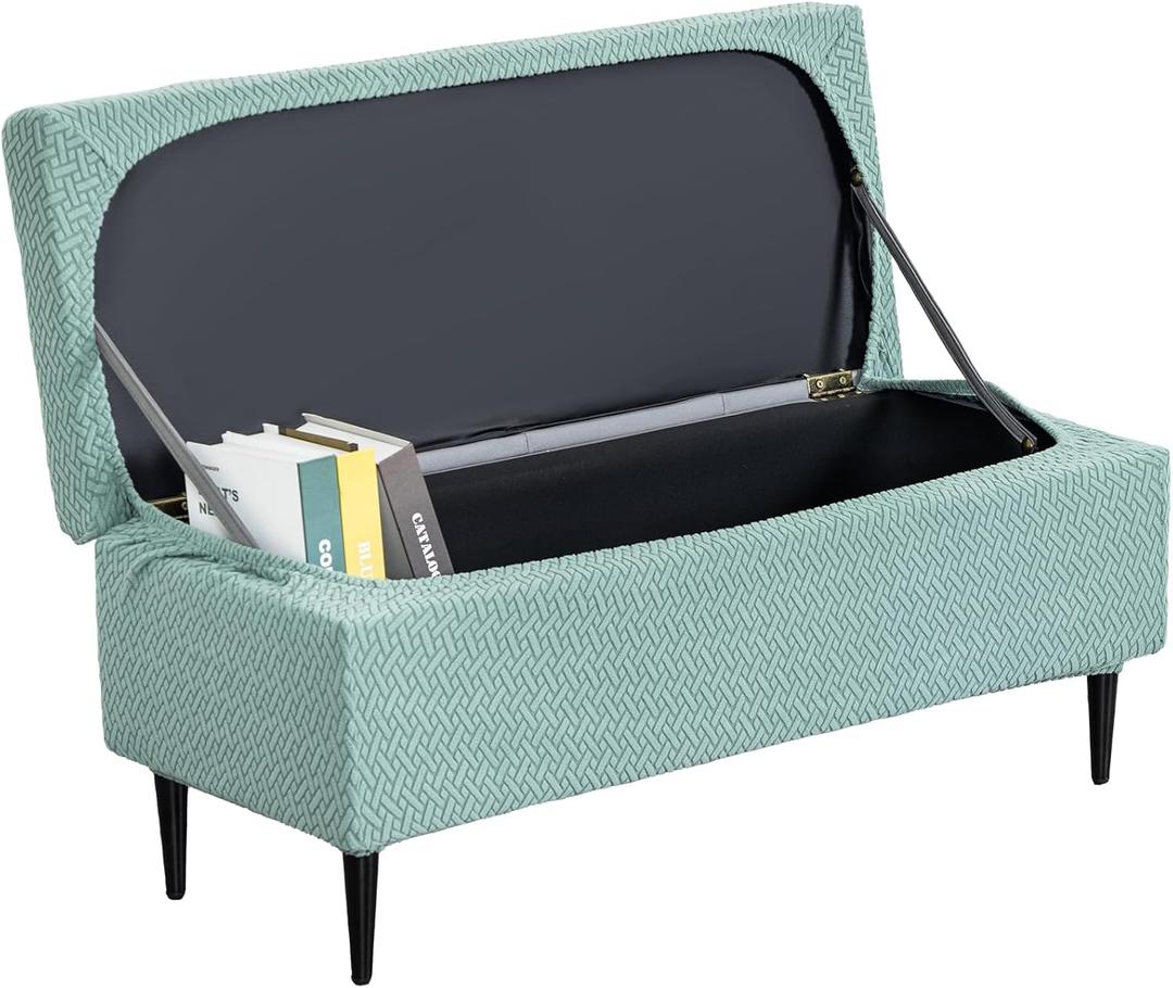Ottoman Covers, Stretch Folding Storage Stool Slipcover Furniture Protector, Rectangle Bench Footstool Cover with Elastic Bottom, Soft Jacquard Fabric Removable Washable, Medium 