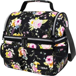 opux Insulated Lunch Bag Women Men, Dual Compartment Leakproof Lunch Box Adults Kids, Double Decker Meal Prep Bento Lunch Cooler Tote with Shoulder Strap for Work Office School Travel, Floral Black