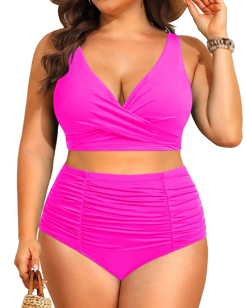 Holipick Two Piece Plus Size Swimsuits for Women High Waisted Bikini Tummy Control Bathing Suits Twist Front Swimwear Hot Pink