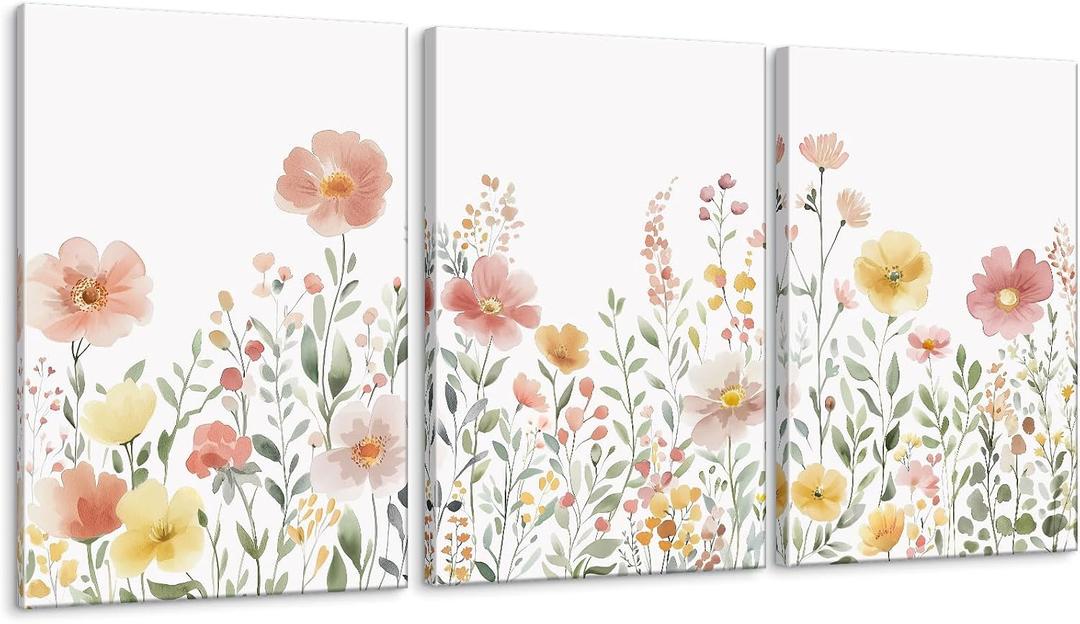 Colorful Wildflower Canvas Wall Art Set of 3 Framed - Pink Floral Watercolor Prints, Modern Minimalist Flower Painting Girls Botanical Nursery Decor for Living Room Bedroom Bathroom, 16x24 Inch, 16" x 24" x3 Framed