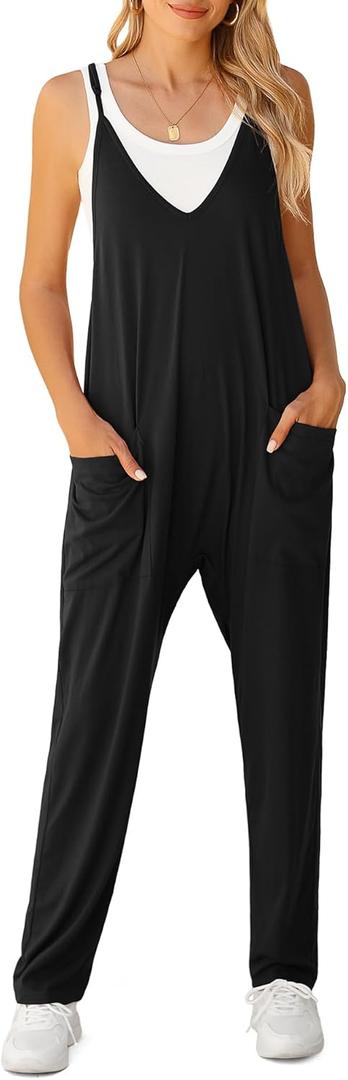 LILBETTER Women's Loose Casual V Neck Sleeveless Jumpsuits Adjustable Spaghetti Straps Long Pants Overalls With Pockets (XX-Large, Black)