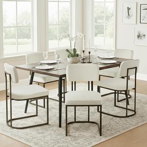 KISLOT Dining Chairs Set of 6, Upholstered Modern Kitchen Chairs with Ergonomic Backrest, Fabric Cushion Seat & Wire Drawing Metal Legs for Living Room, Restaurant, and Caf, White, 2Boxs