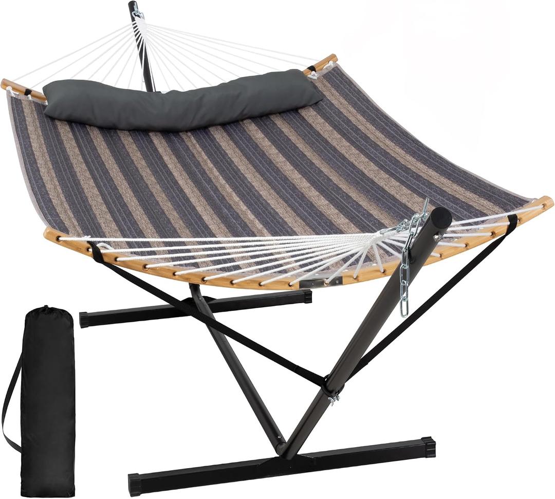 SUNCREAT Hammocks for Outside with Stand Included, Double Hammock with Curved Spreader Bar, Carrying Bag, Gray Stripes  147.6"L x 55"W