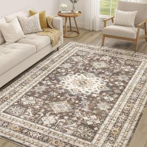 Vintage Living Room Area Rug 6x9 - Large Soft Washable Oriental Traditional Distressed Farmhouse Rugs for Bedroom - Indoor Floor Accent Carpet for Home Office House Decor - Dark Brown