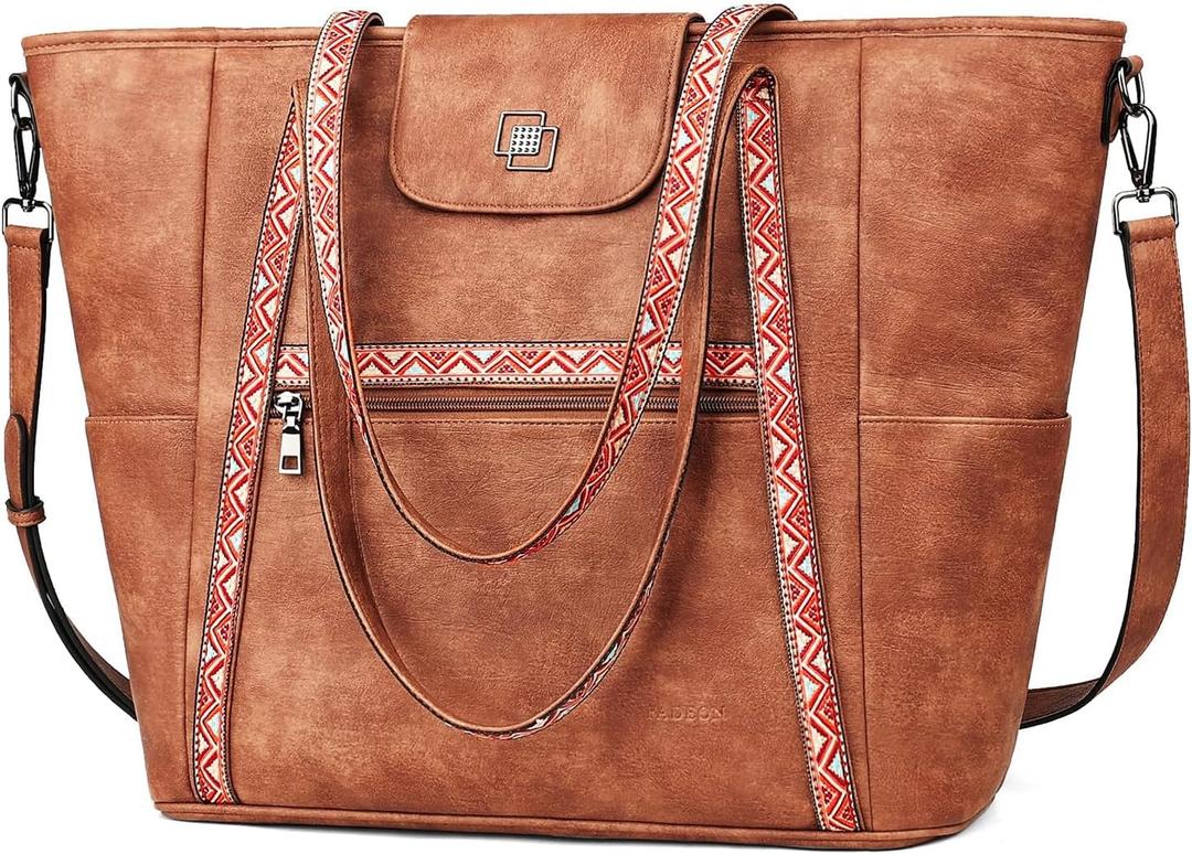 FADEON Large Laptop Tote Bag for Women Designer Leather Laptop Bag Fashion Travel Backpack Purse Shoulder Handbag (Vintage Amber Brown)