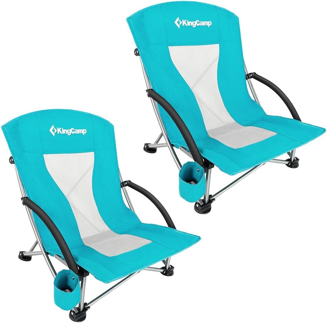 KingCamp Low Beach Chair, High Back Folding Camping Chair for Adults, Oversized Breathable Mesh Seat, 300lbs Heavy Duty Portable Chair with Cup Holder & Storage Pockets for Beach, Outdoor
