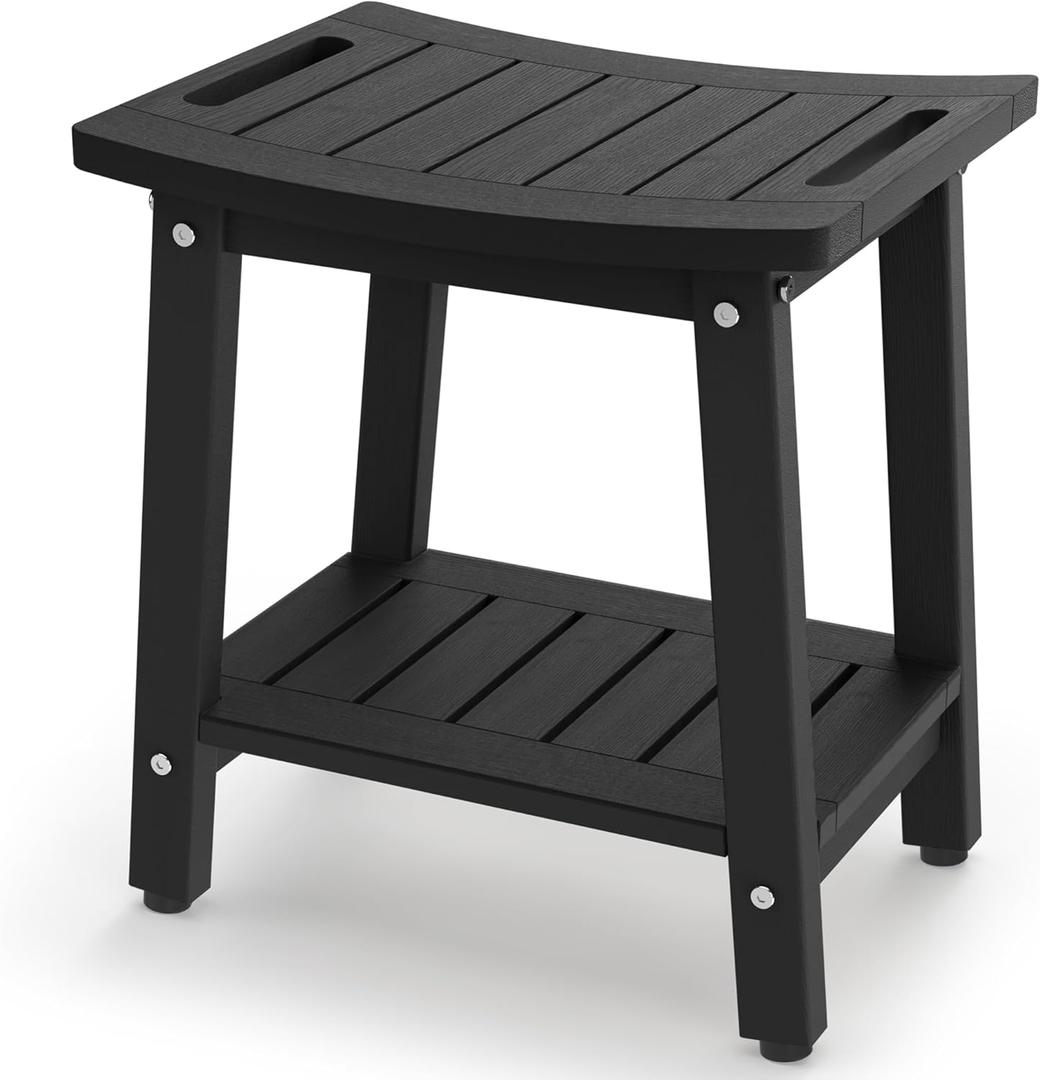 Shower Bench for Inside Shower - Black HDPE Shower Stool Waterproof - Spa Bathroom Seat Chair with Handle, Storage Shelf, Adjustable Feet - Indoor/Outdoor, Weather Resistant
