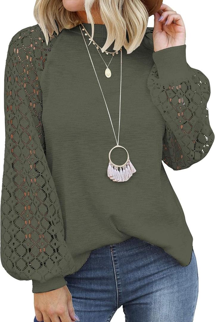 MIHOLL Women's Long Sleeve Tops Lace Casual Loose Blouses T Shirts (Large, Green)