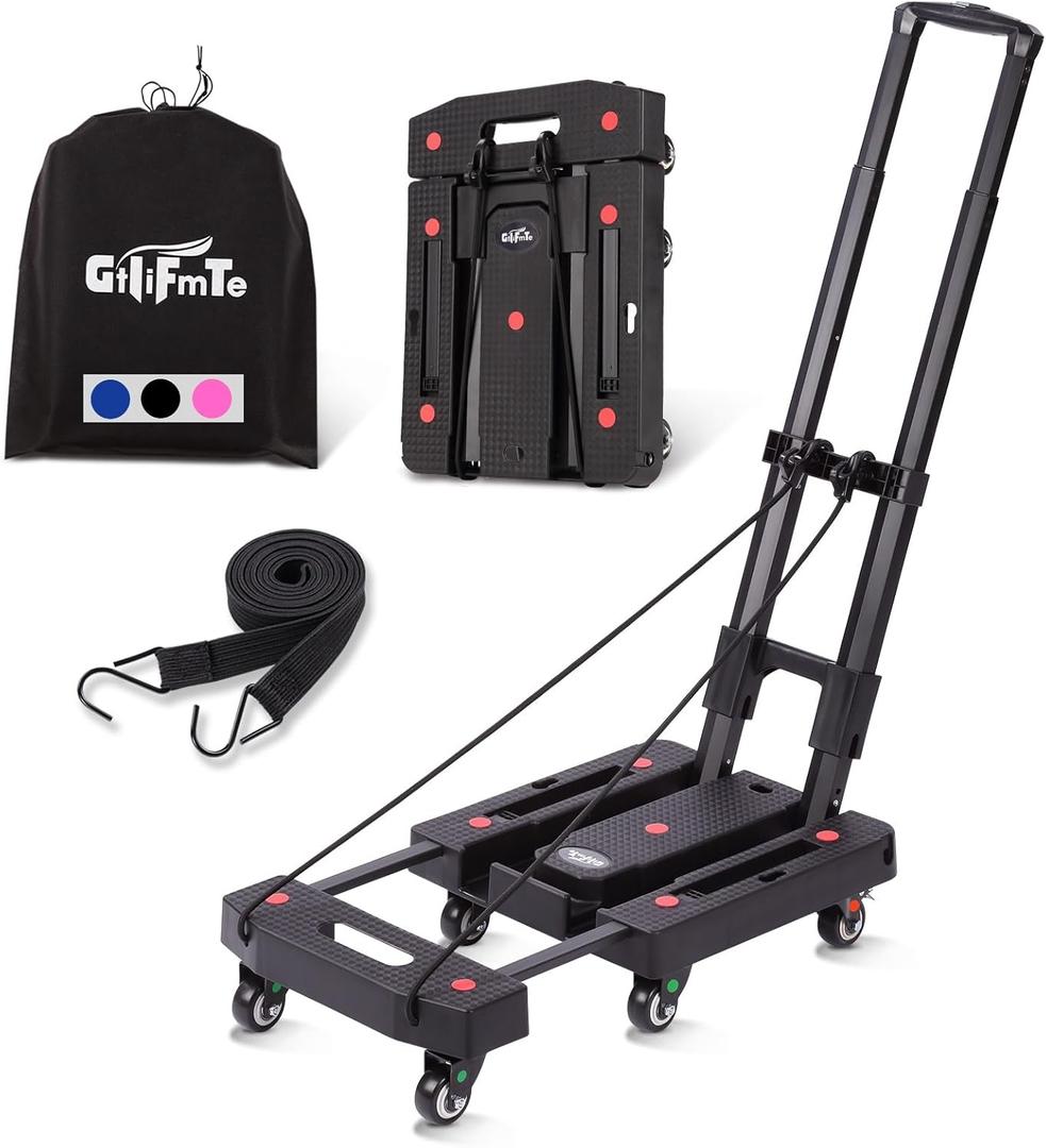 Folding Hand Truck Dolly for Moving,500LB Heavy Duty Luggage Cart,6 Wheels Collapsible Dolly with 2 Brake,Extendable Utility Dolly Platform Cart with 3 bungee cords,Black Portable Moving Cart