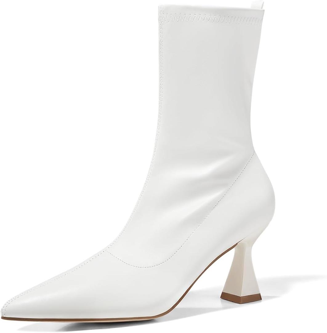Coutgo Womens Ankle Boots Pointed Toe Low Kitten Heel Side Zipper Office Dress Fall Booties Shoes (9, White)