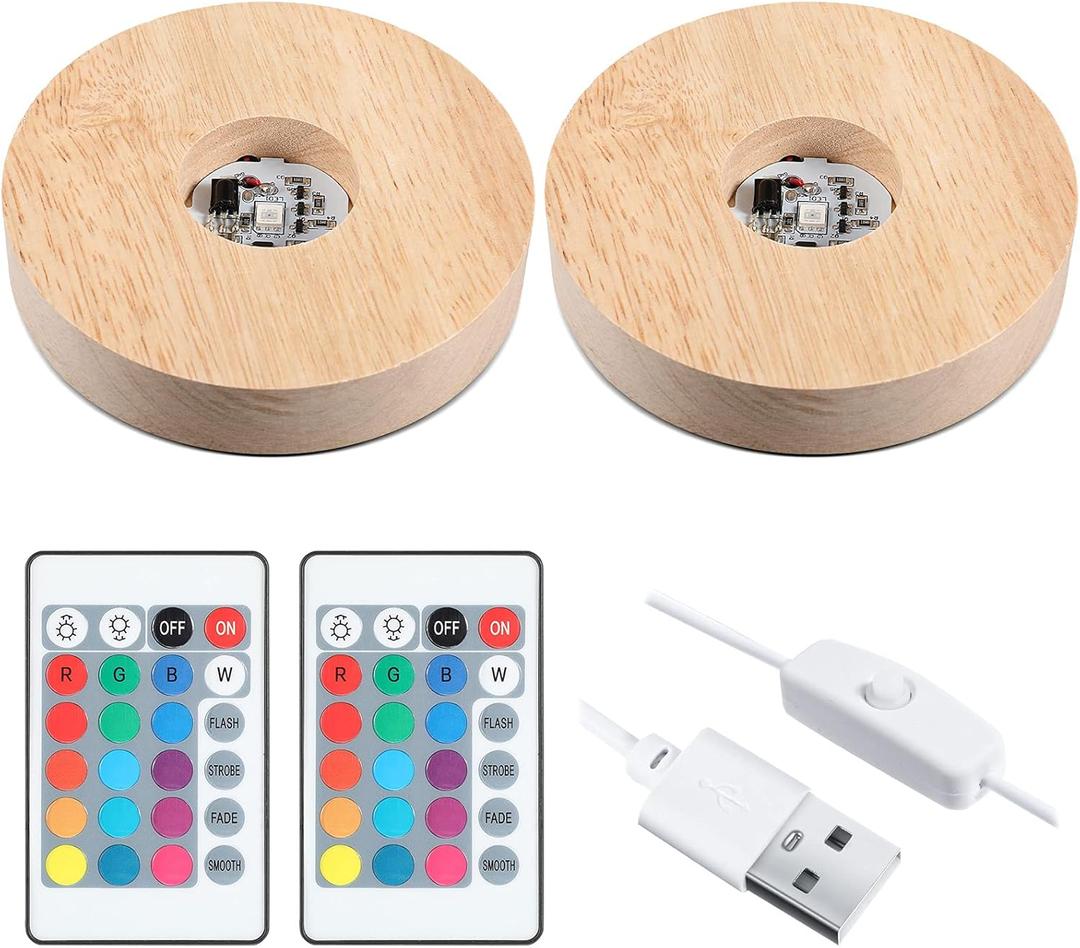 Honoson 3.94 Inch Wooden Light Stand Base Colorful LED Lights Display Base with Remote Control for Selenite Tower 3D Laser Crystal Glass Resin Art (2 Pieces)