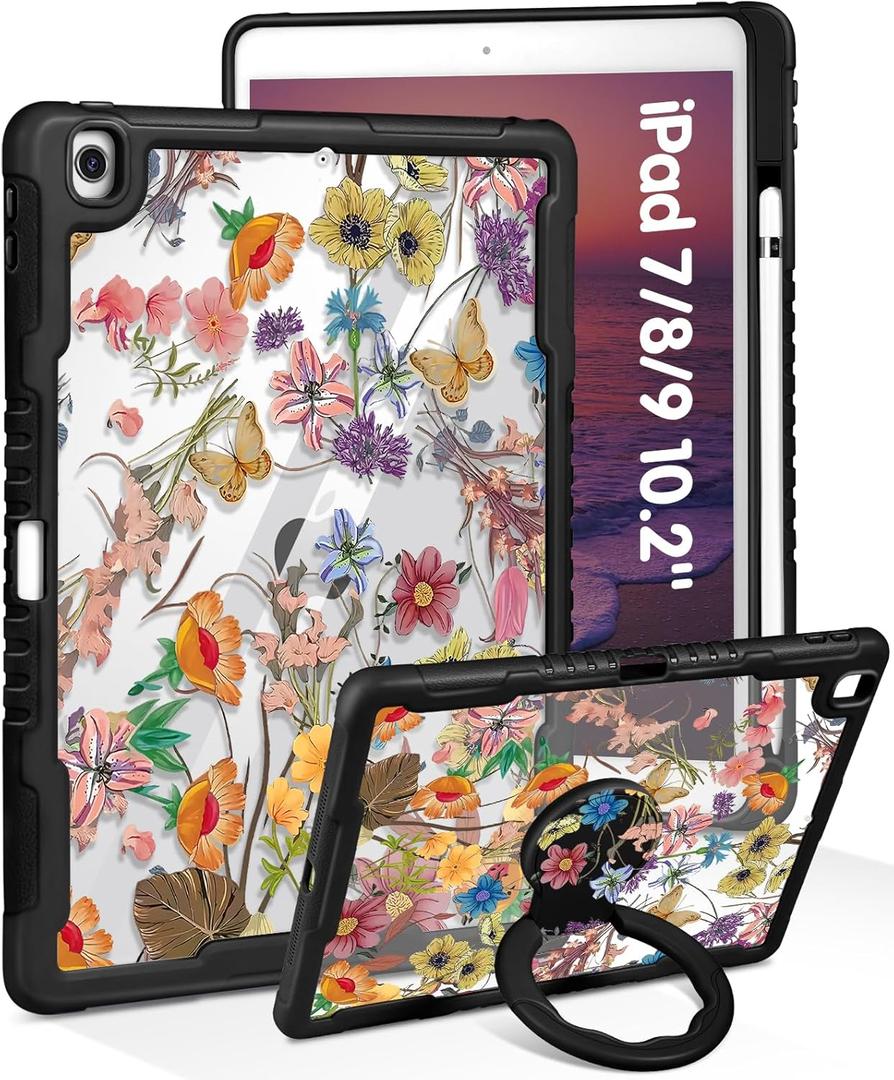 Uppuppy for iPad 9th/8th/7th Generation Case, for iPad Air 3/ Pro 10.5 2017  Women Cute Girls with Pencil Holder&Stand Clear Cover Flower Girly Floral for iPad 9/8/7 Gen, Air3, Pro 10.5 Inch Case