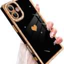 for iPhone 16 Plus Case Cute Love Heart Plating for Women, with Screen Protector, Glitter Sparkle Rhinestone Diamond Border Design Slim Rectangle Wireless Protection Case Cover, Black