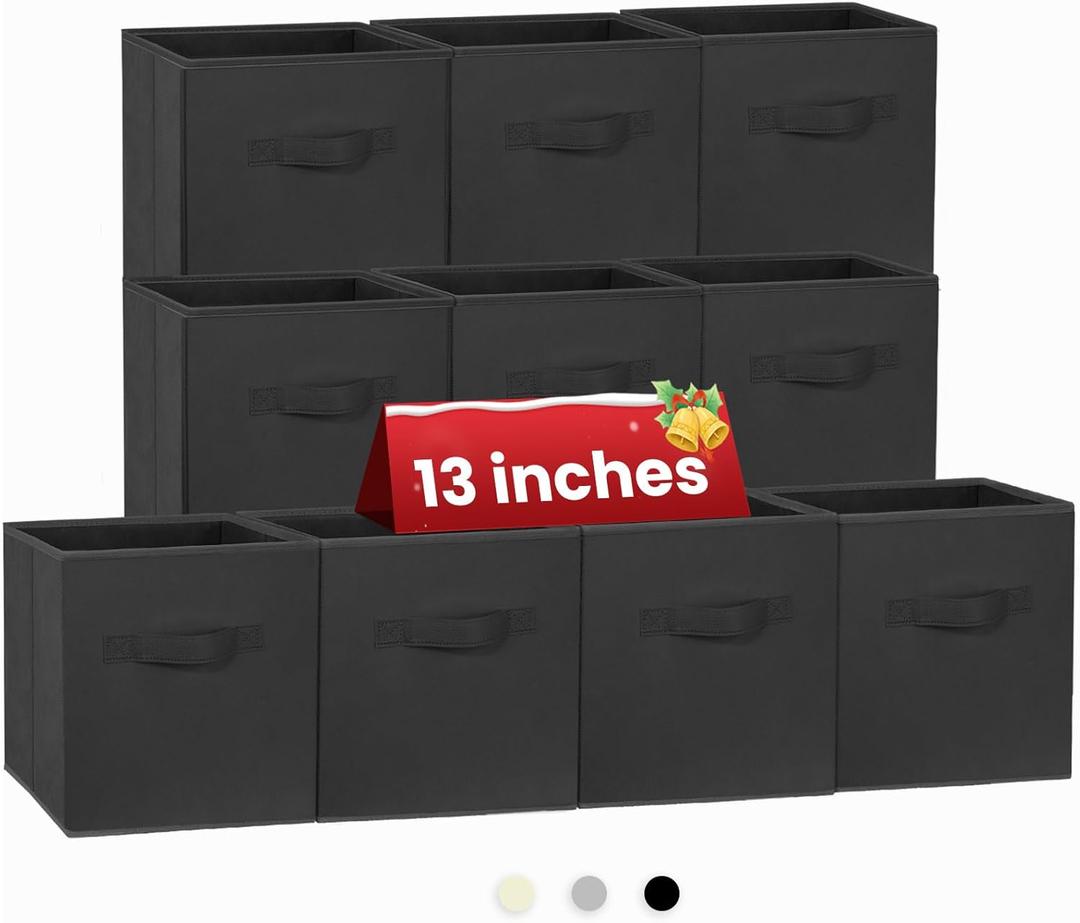 Large Storage Cubes- 13 Inch Cube Storage Bins for Organizing Shelves Kallax - Nursery Closet Organization Bins for Clothes Blanket - 10 Pack Collapsible Decorative Storage Box for Living Room (Black)