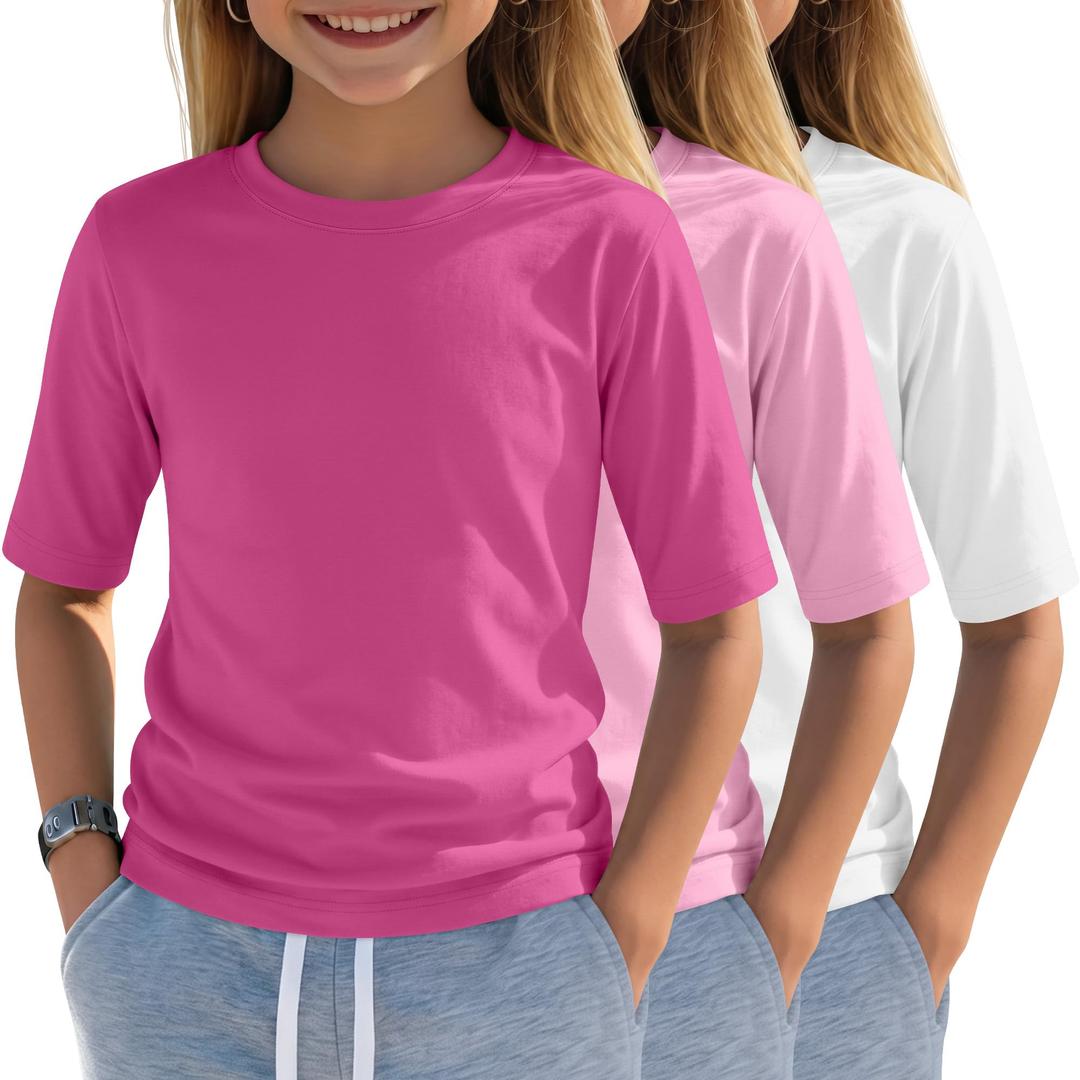Oakgarden 3 Pack Girls Short Sleeve T Shirts Kids Summer Crewneck Basic Tops Tween Cute Slim Fitted Tees 5-14 Years(Rose Red, Pink, White,13-14 Years)