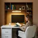 3 Tier Desktop Bookshelf with Rechargeable Eye-Friendly LED Desk Light, Desk Hutch Organizer with 5 Shelves, Wooden Desk Bookshelf for Office, Dorm and Small Space, Brown, Large