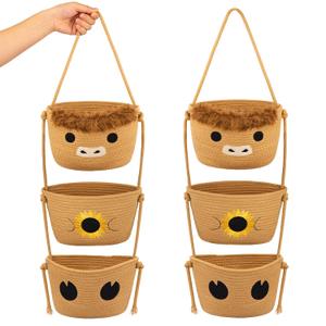 3 Tier Hanging Highland Cow Fruit Basket-Woven Cotton Wall Basket, Hanging Oval Produce Over Door Decorative Vegetable Gift Storage 0rganizer Bin for Kitchen, Bedroom, Bathroom, Nursery
