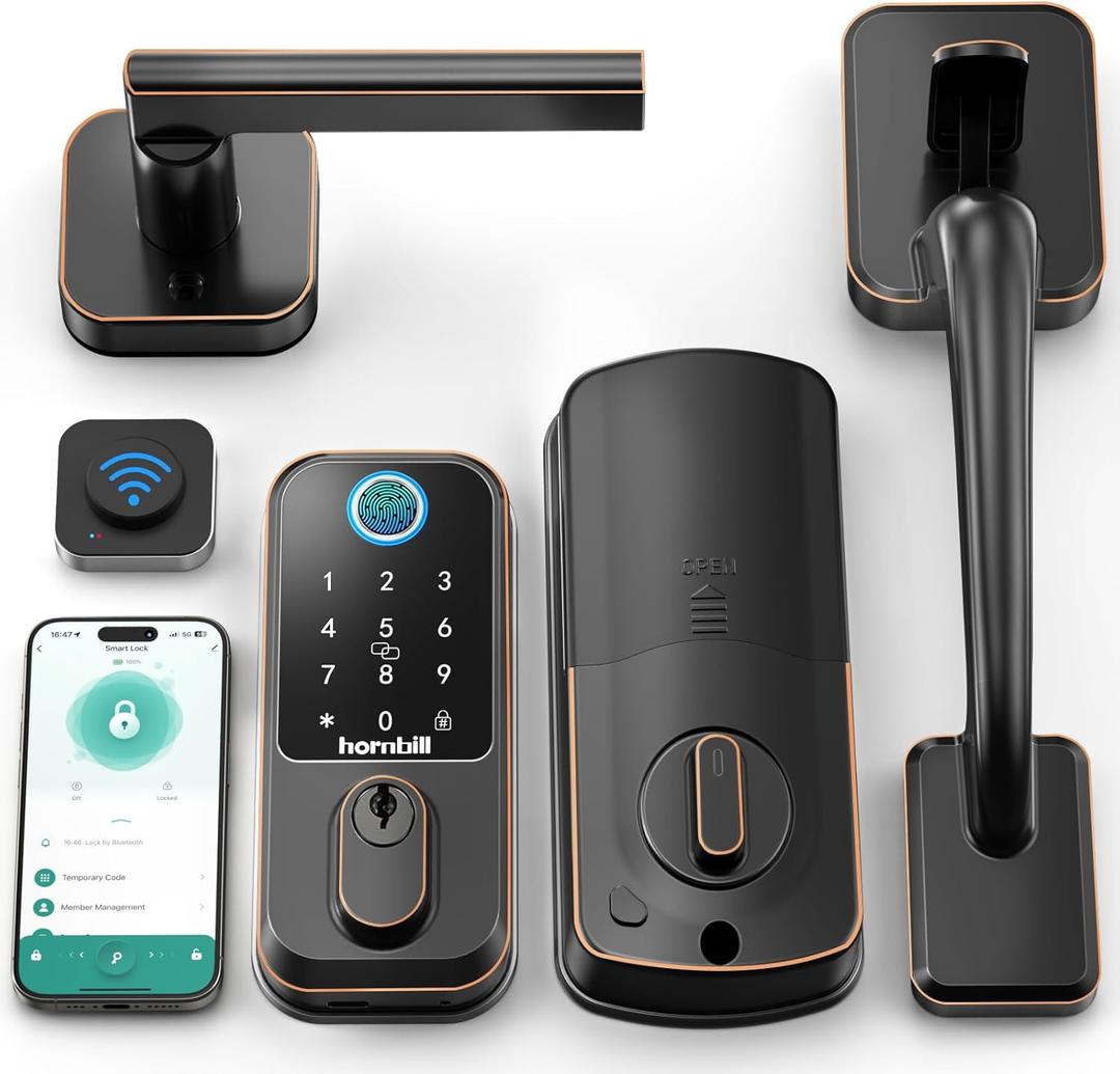 WiFi Smart Locks for Front Door: Hornbill Keyless Entry Door Lock with Handle, Fingerprint Keypad Deadbolt Front Door Lock Set, Electronic Biometric Digital Lock, App Remote Control, Oil Rubbed Bronze