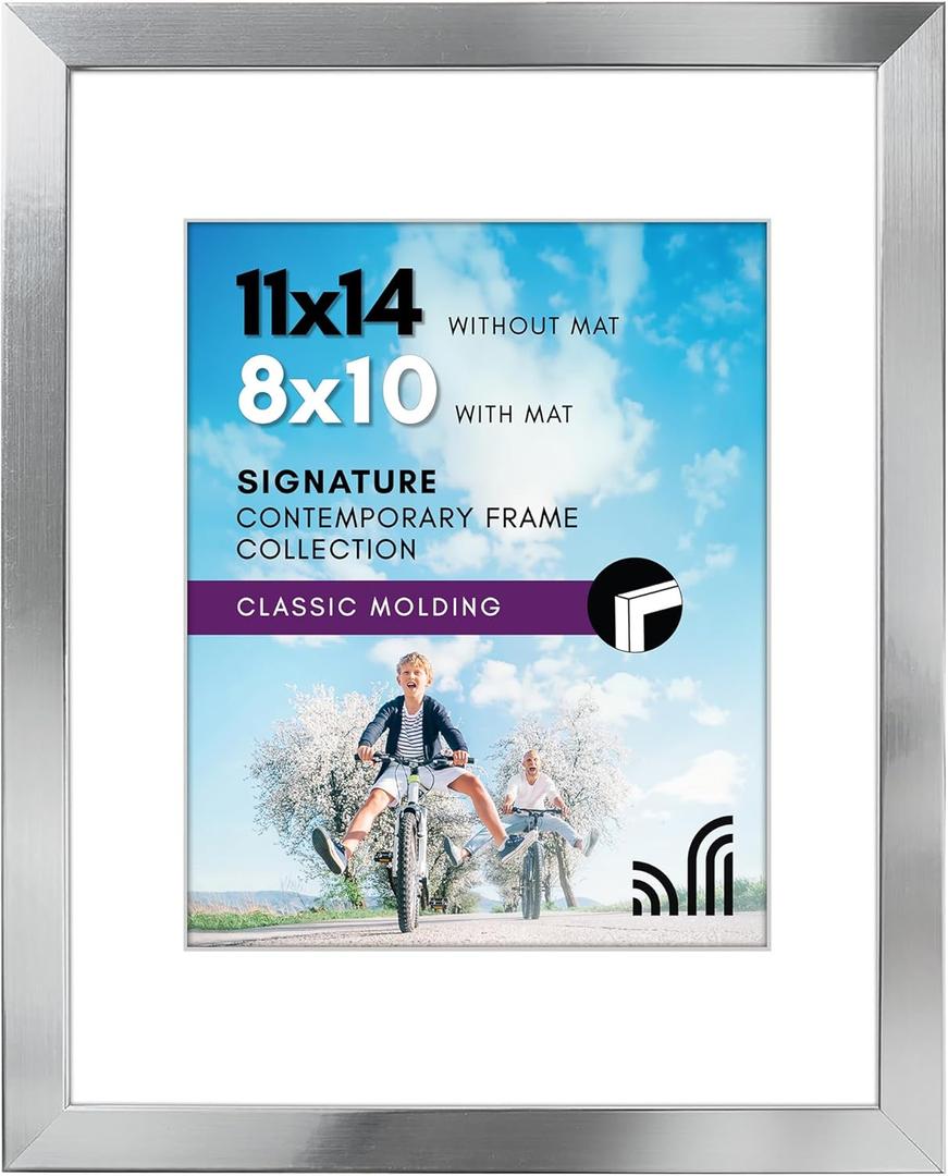 Americanflat 11x14 Picture Frame in Silver - Displays 8x10 With Mat and 11x14 Without Mat - Composite Wood with Polished Glass - Horizontal and Vertical Formats for Wall